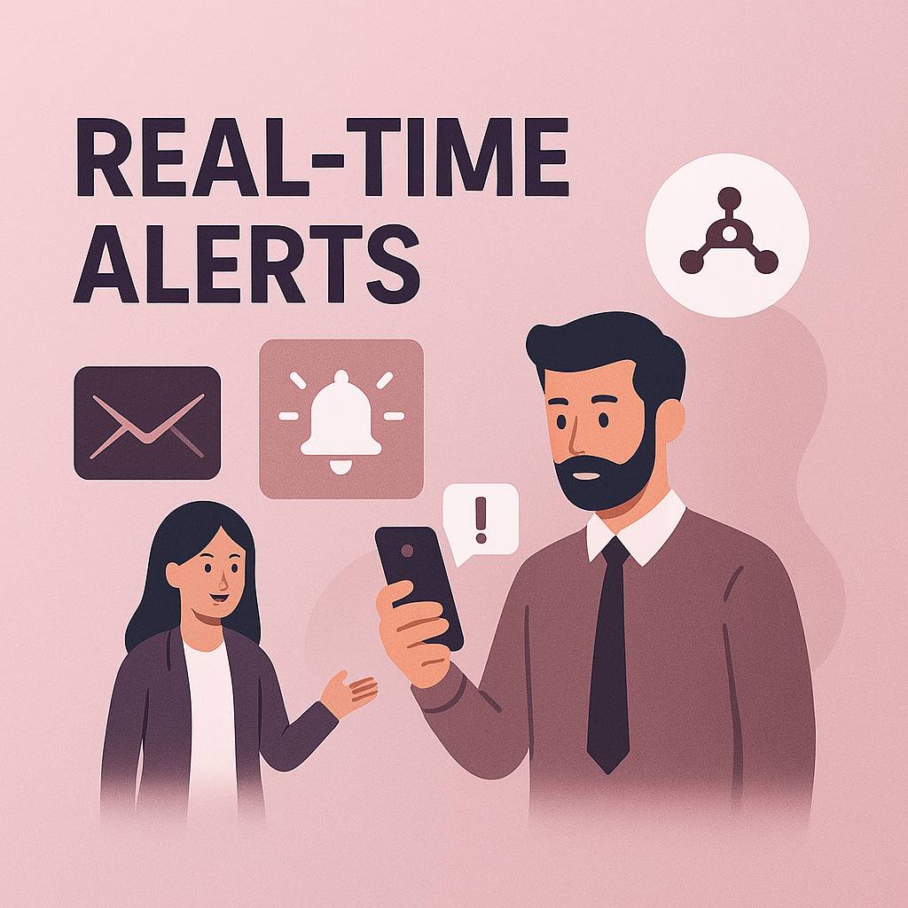 Real-time lead alert system illustrated with business professional receiving smartphone notification, accompanied by alert icons and bold text — flat-style marketing automation graphic on pink background.